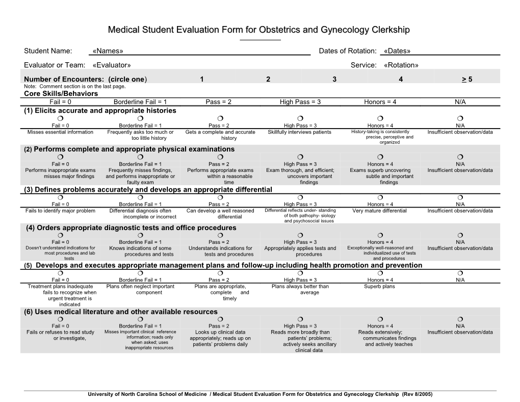 Medical Student Evaluation Form for Obstetrics and Gynecology Clerkship