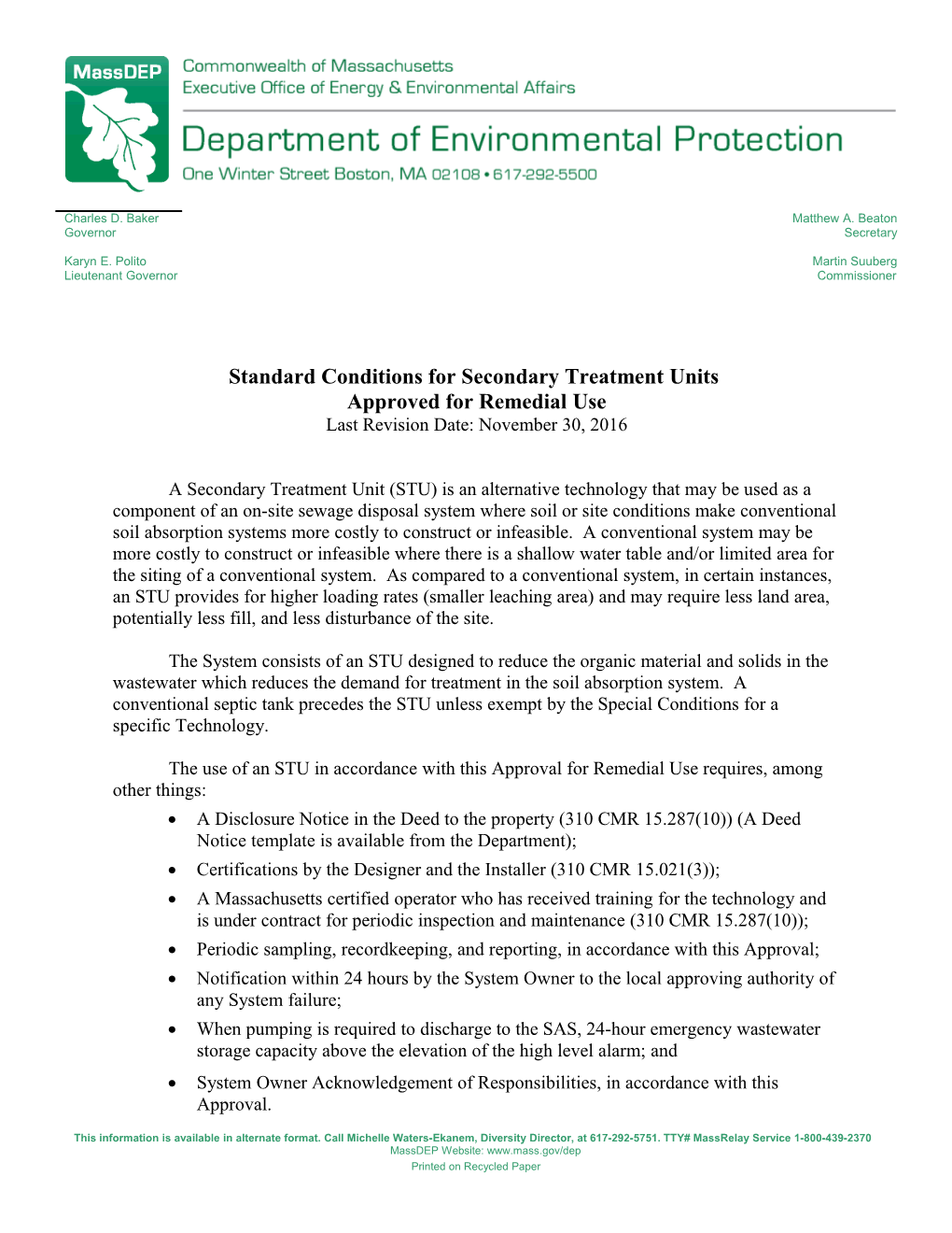 Standard Conditions for Secondary Treatment Units