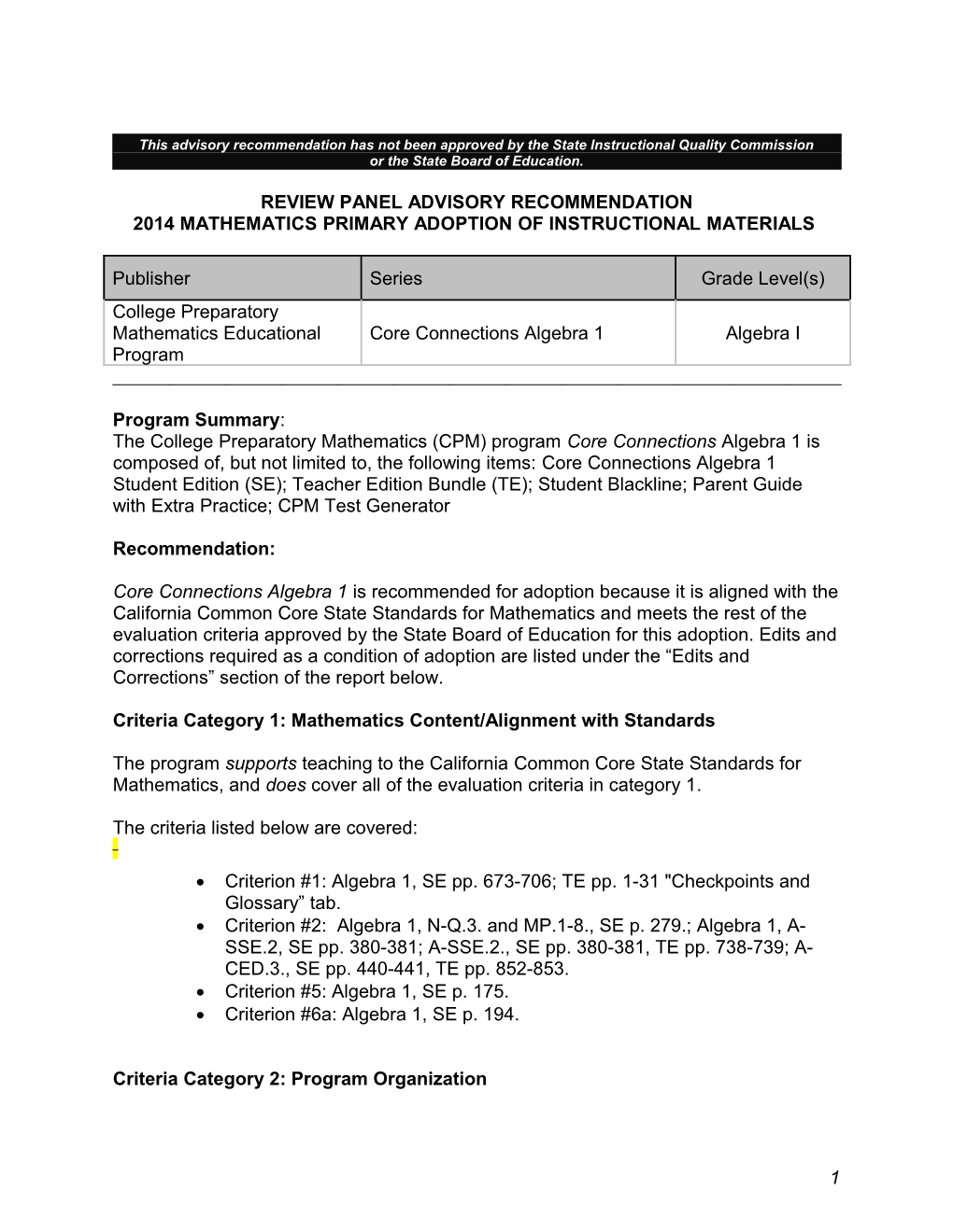 CPM Algebra 1 - Instructional Materials (CA Dept of Education)