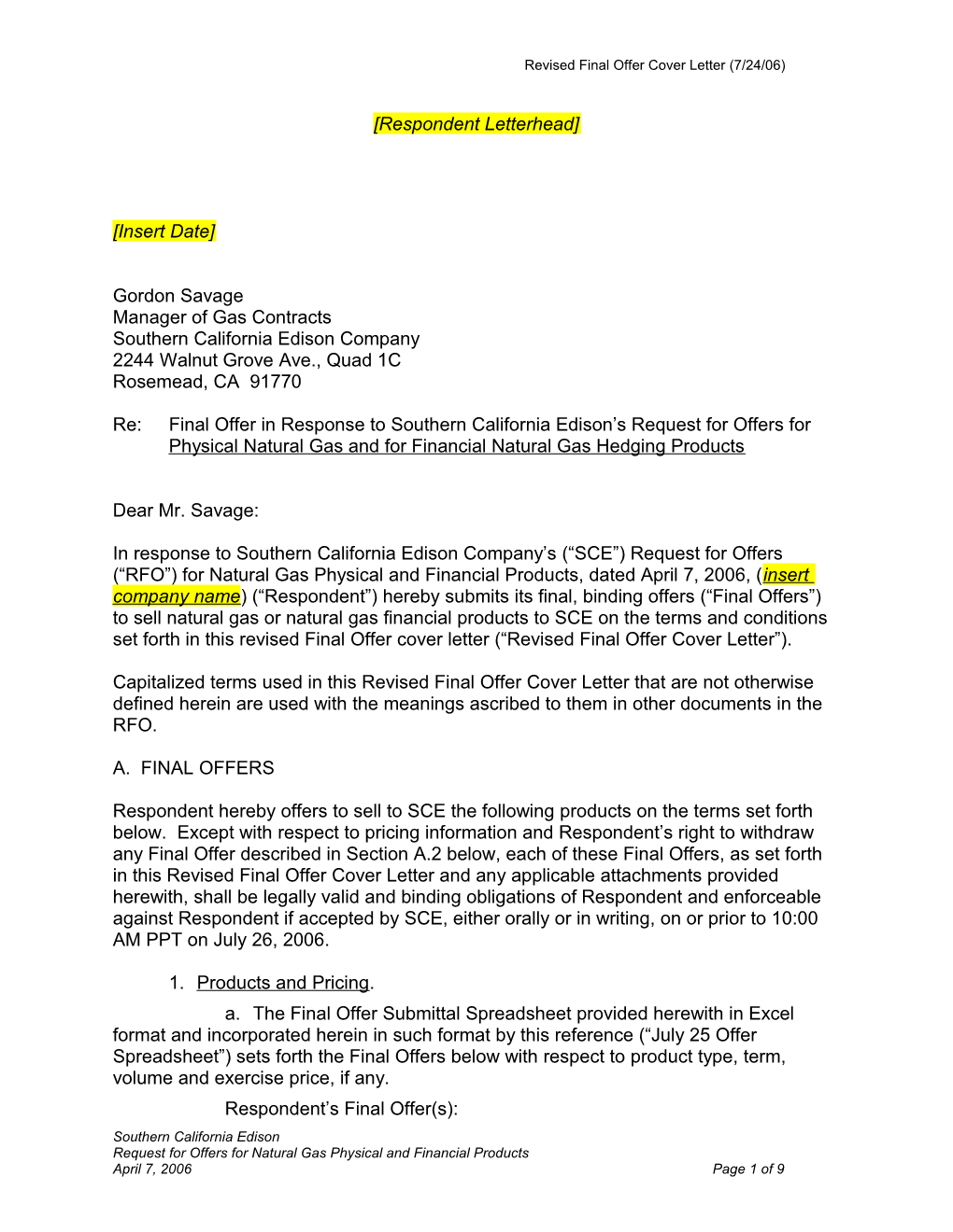 Revised Final Offer Cover Letter (7/24/06)