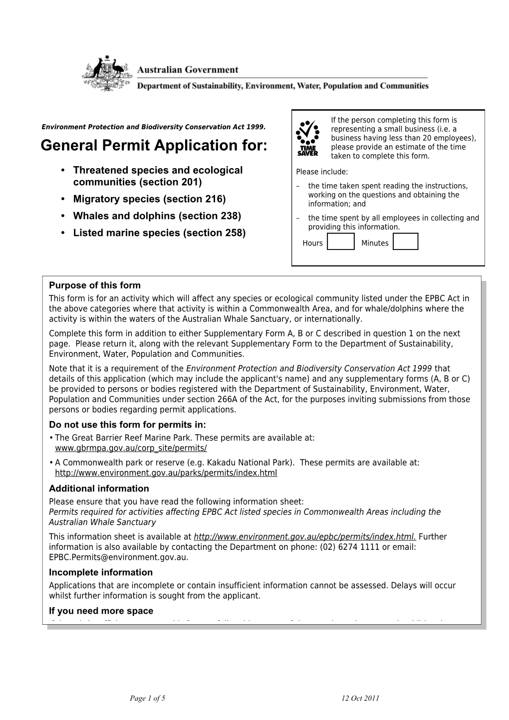 General Permit Application Form for Interaction with a Protected Species Under the EPBC Act