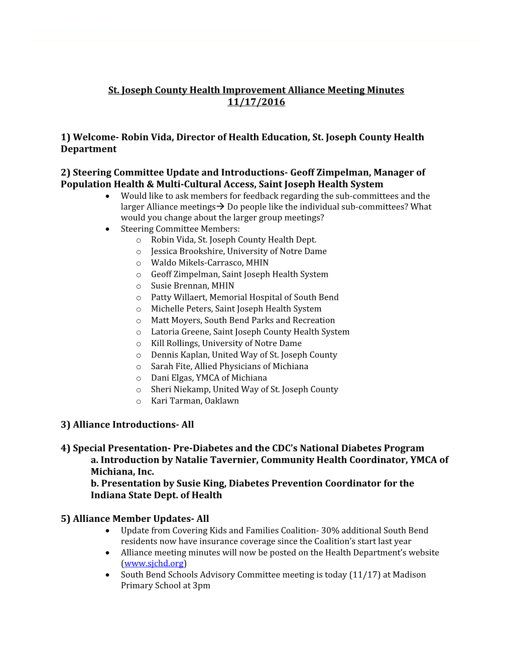 St. Joseph County Health Improvement Alliance Meeting Minutes