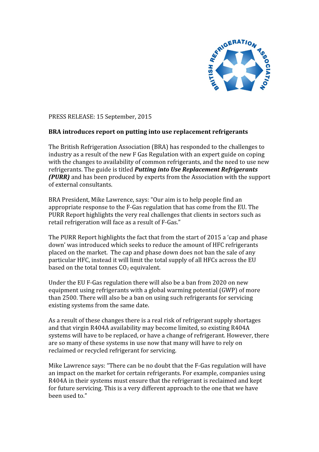 BRA Introduces Report on Putting Into Use Replacement Refrigerants