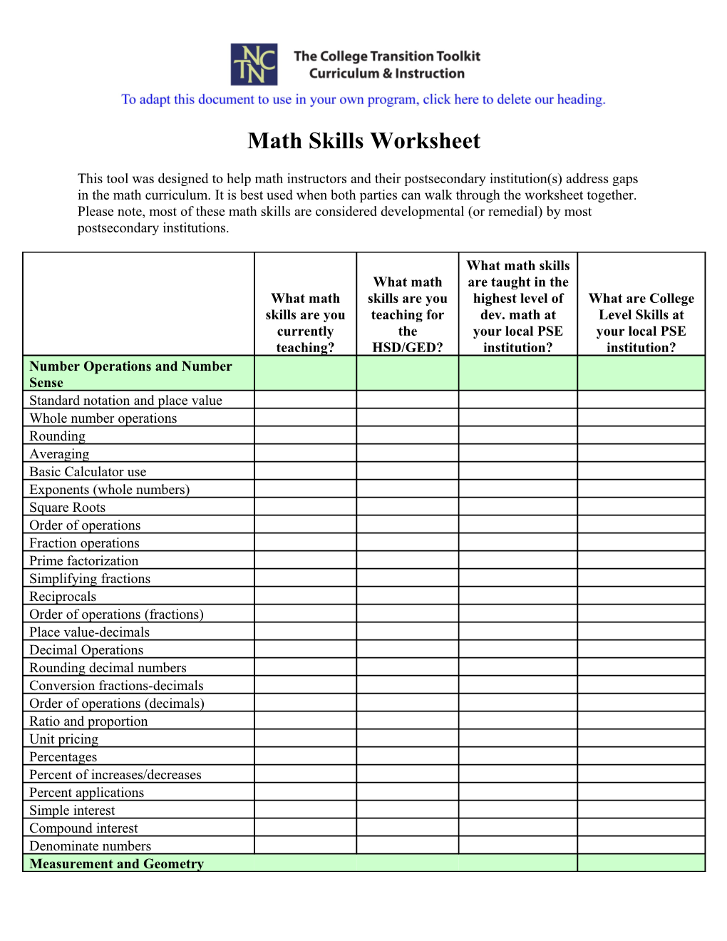 Math Skills Worksheet