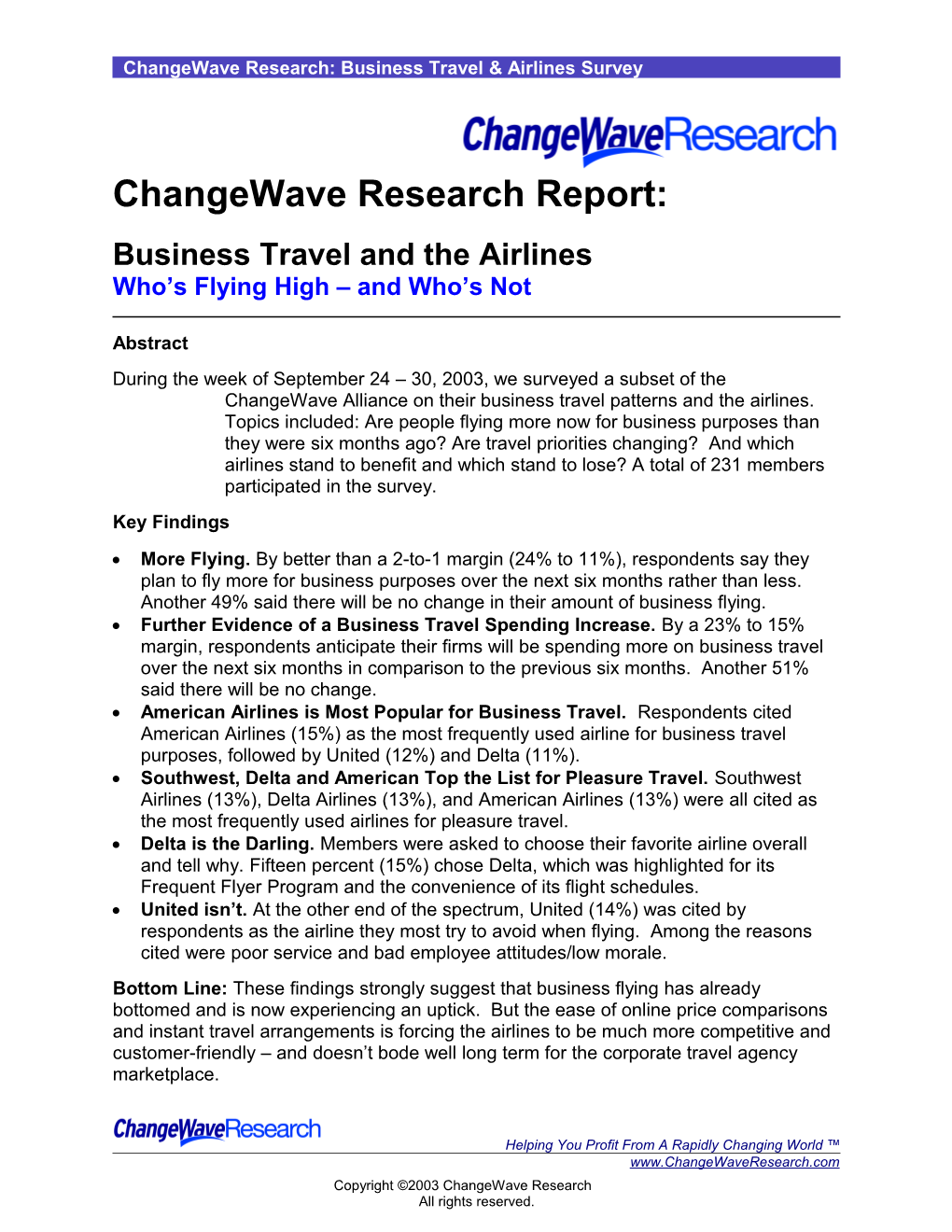 Changewave Research: Business Travel & Airlines Survey