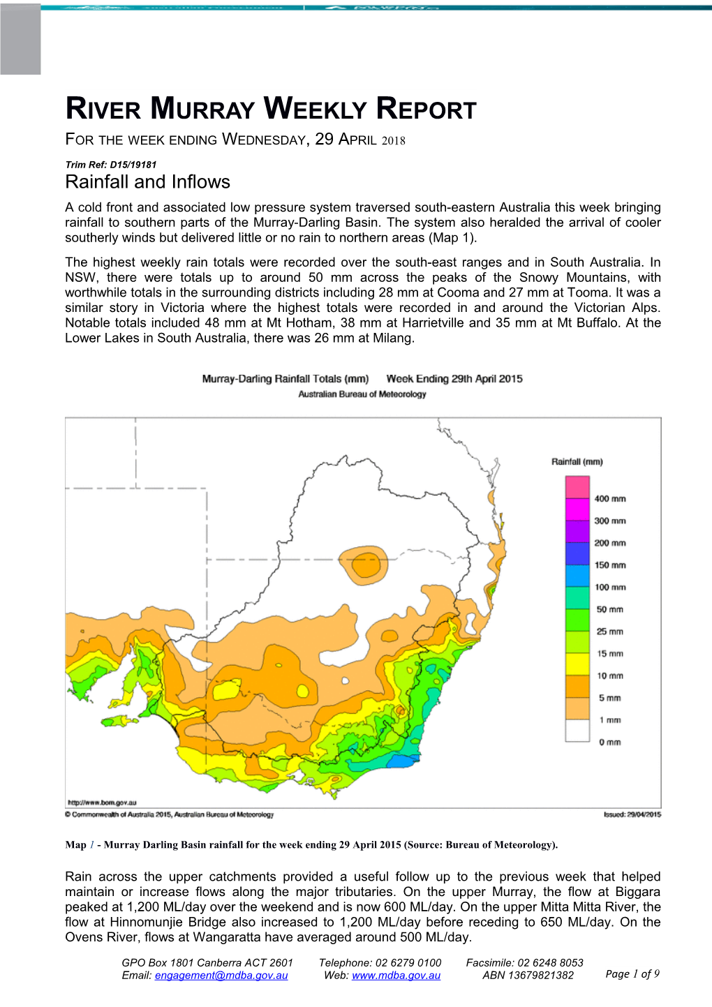 River Murray Operations Weekly Report 29Th April 2015