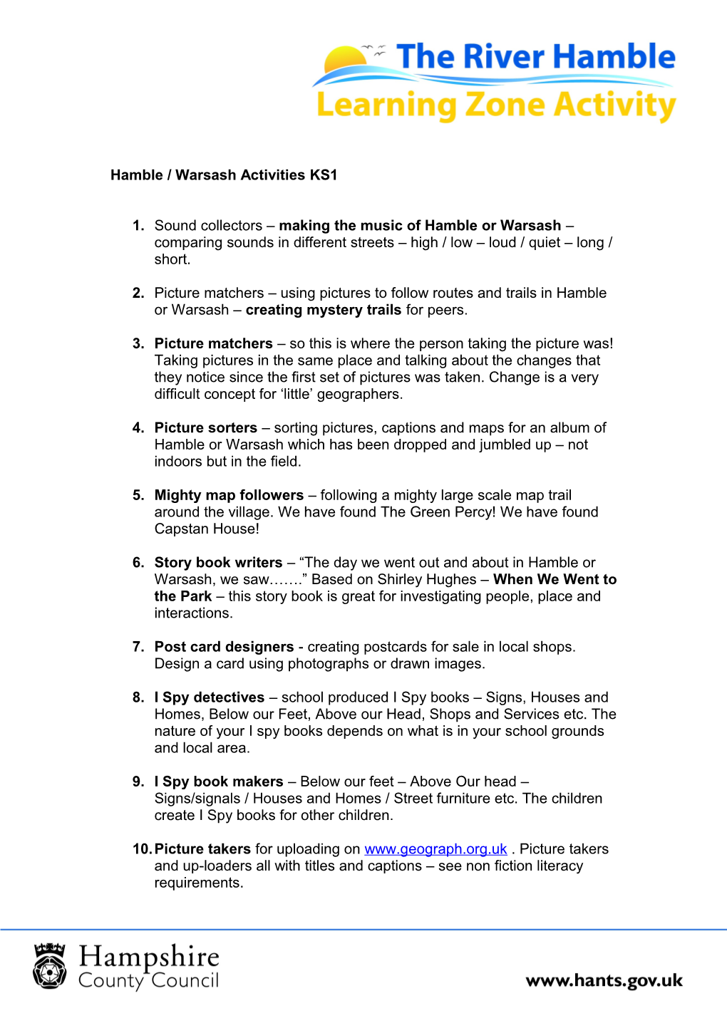Hamble / Warsash Activities KS1
