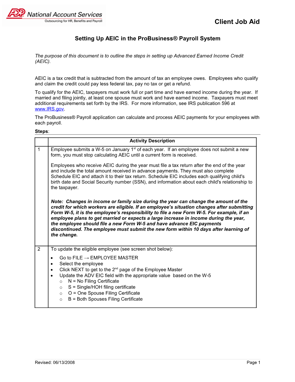 Setting up AEIC in the Probusiness Payroll System