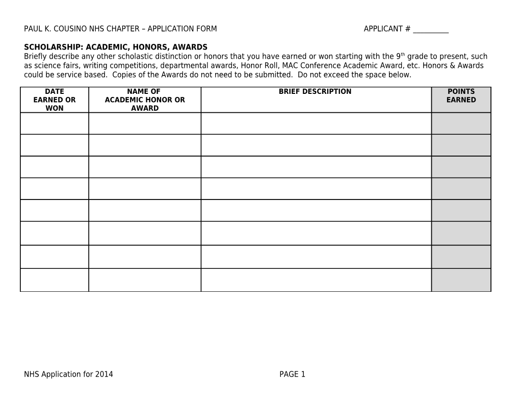 Paul K. Cousino Nhs Chapter Application Form Applicant # ______