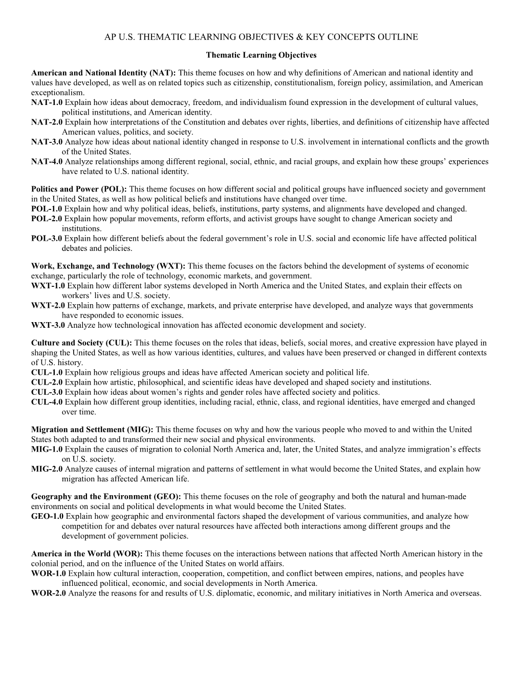 Ap U.S. Thematic Learning Objectives & Key Concepts Outline