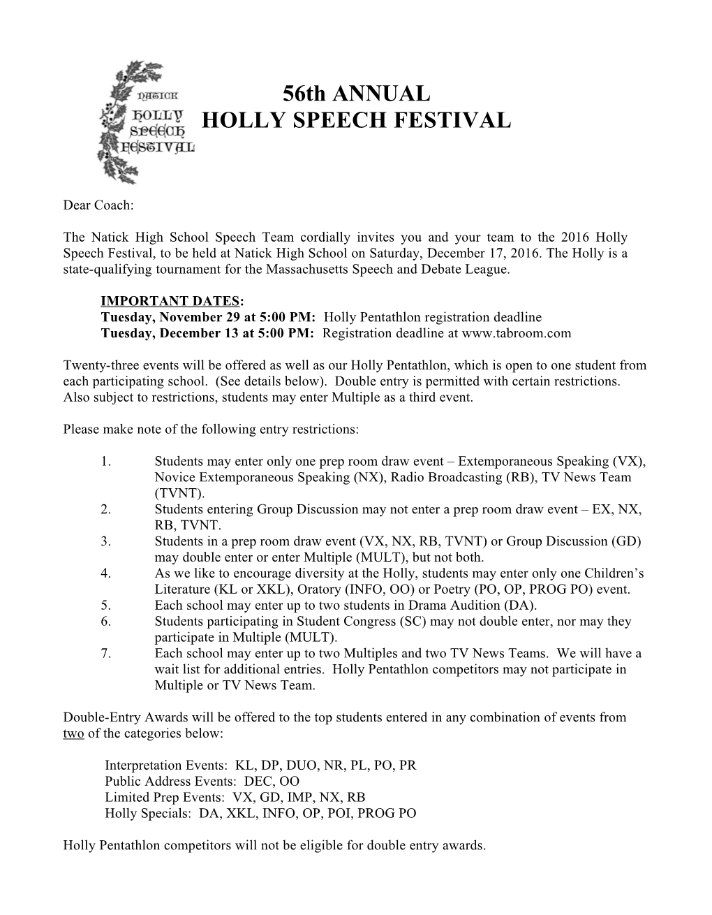 56Th ANNUAL HOLLY SPEECH FESTIVAL