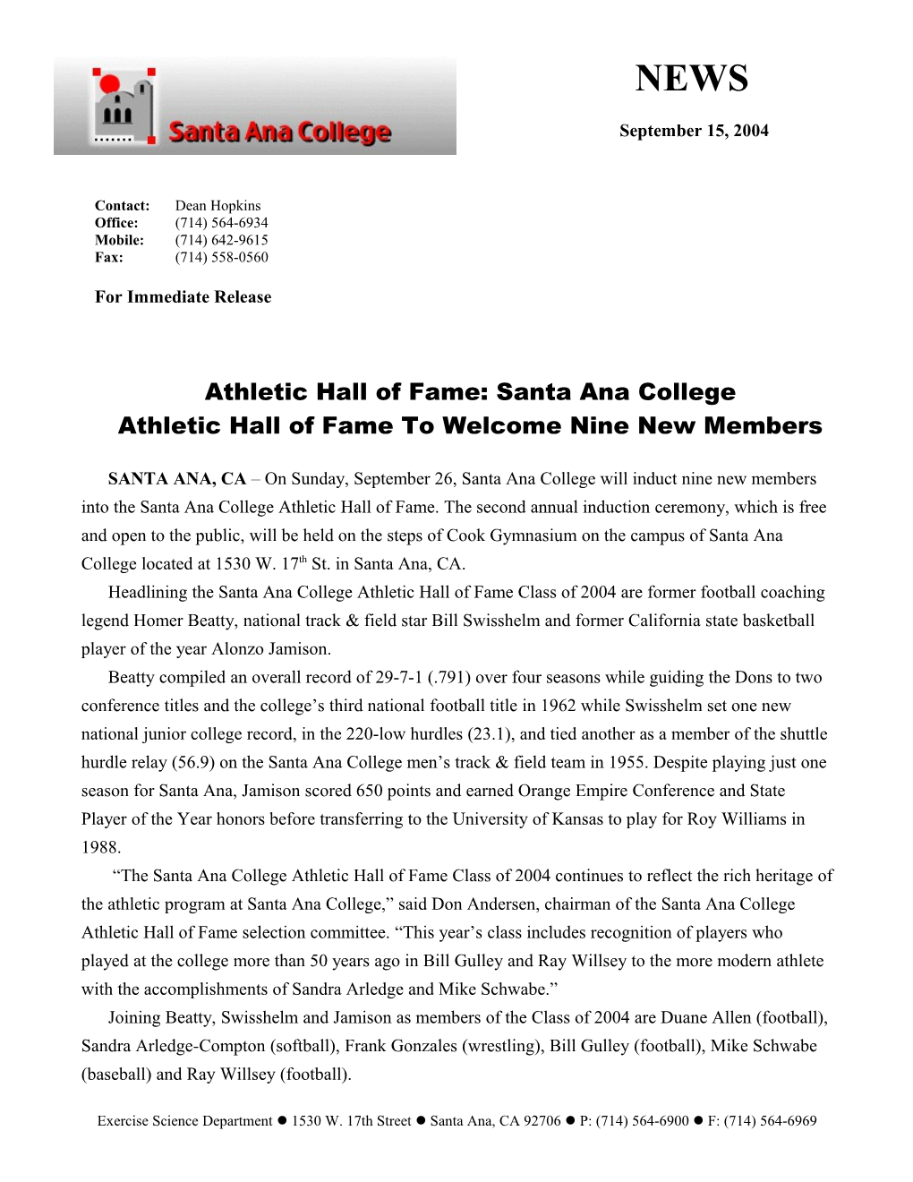 Athletic Hall of Fame: Santa Ana College