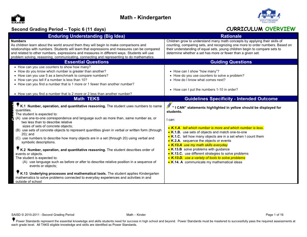 Second Grading Period Topic 6 (11Days)CURRICULUM OVERVIEW