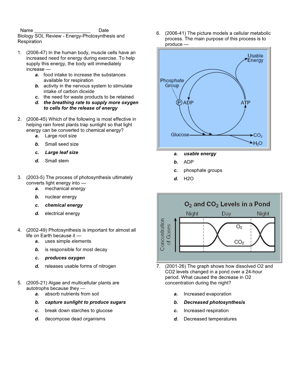 Biology SOL Review - Energy-Photosynthesis and Respiration