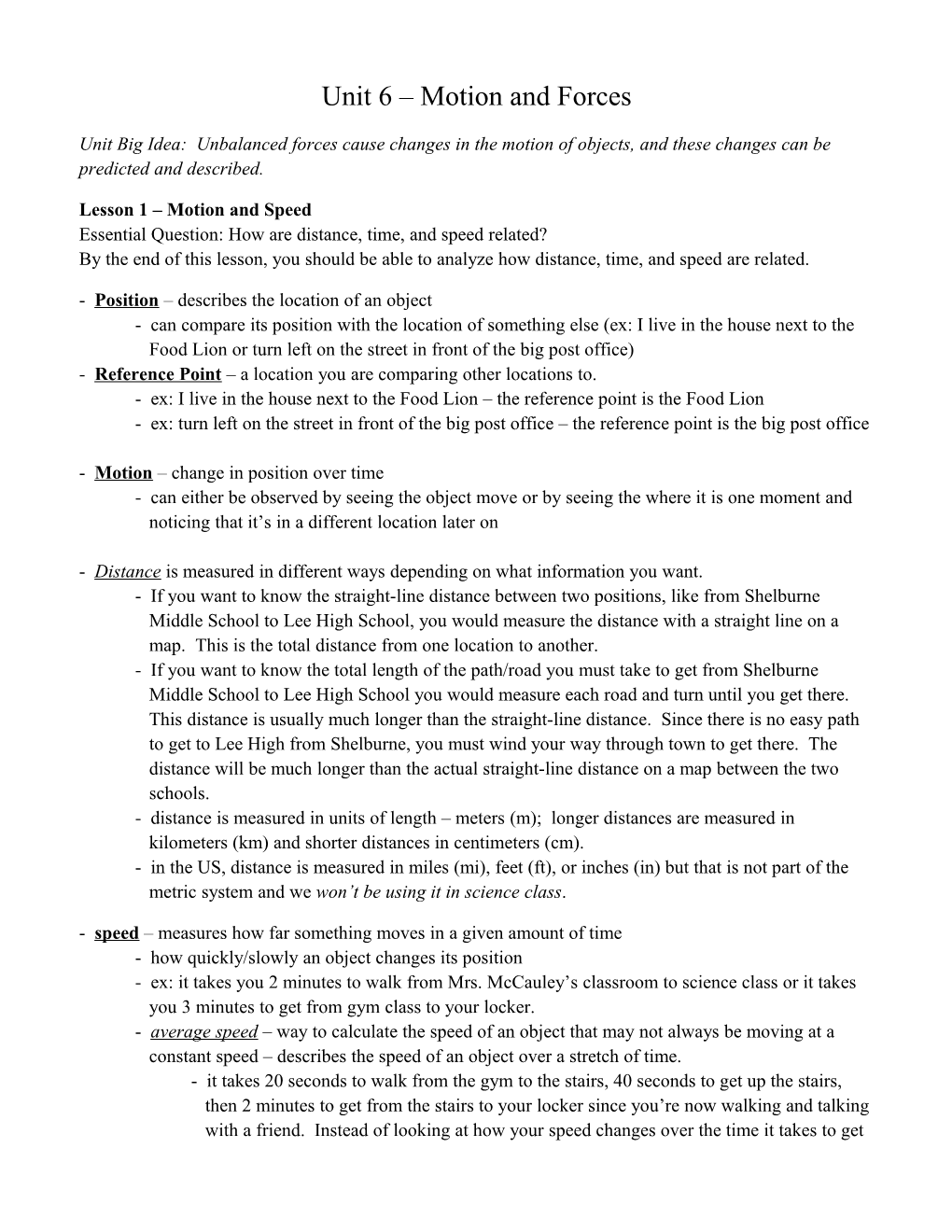 Unit 6 Motion and Forces