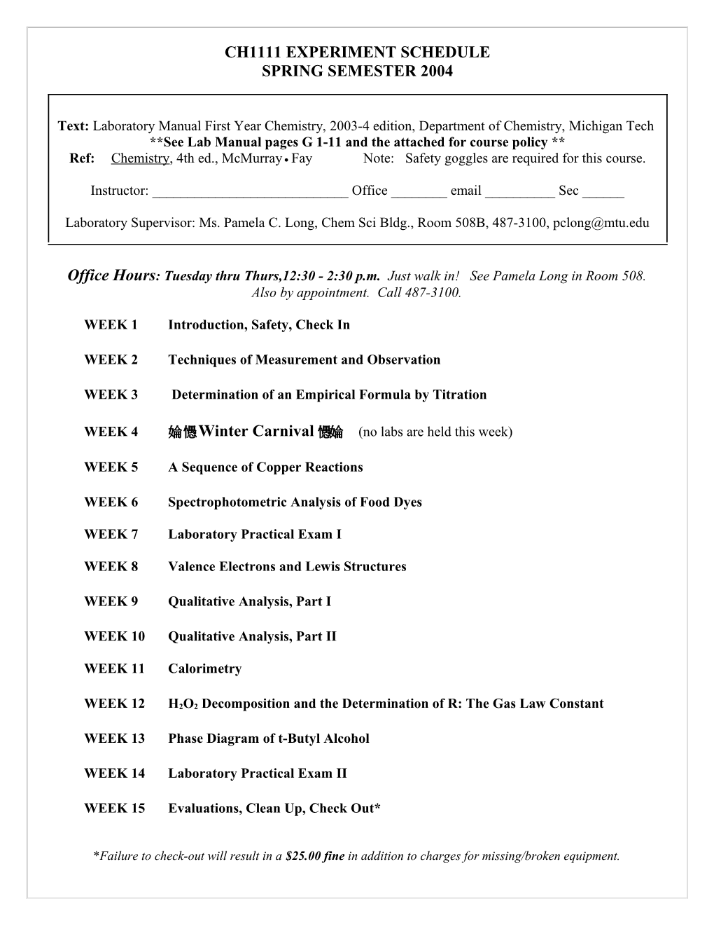 Ch1111 Experiment Schedule