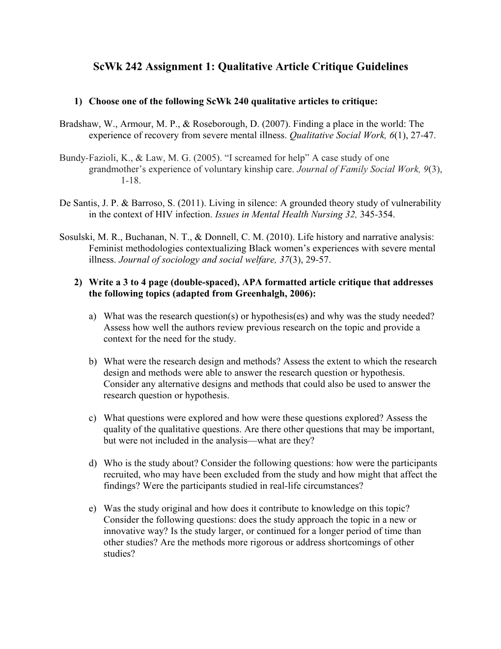 Scwk 242 Assignment 1: Qualitative Article Critique Guidelines