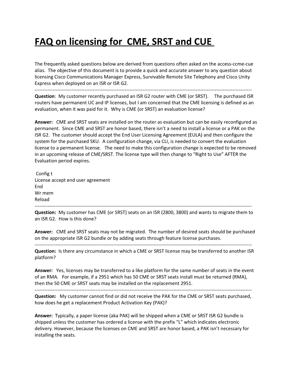 FAQ on Licensing for CME, SRST and CUE