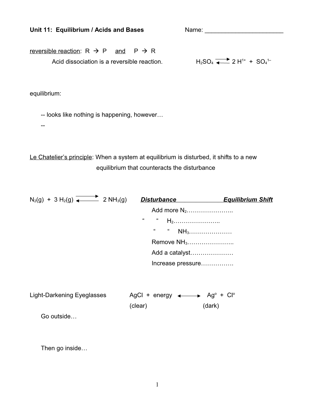 Unit 11 Equilibrium / Acids and Bases