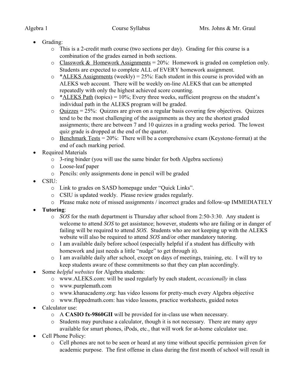 Algebra 1Course Syllabusmrs. Johns & Mr. Graul