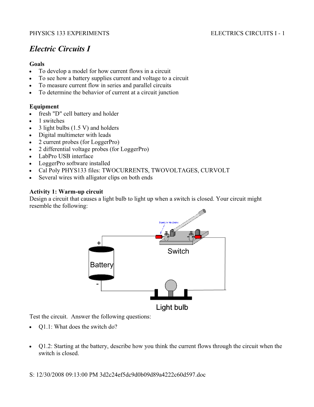 Physics 133 Experiments Electrics Circuits I - 1