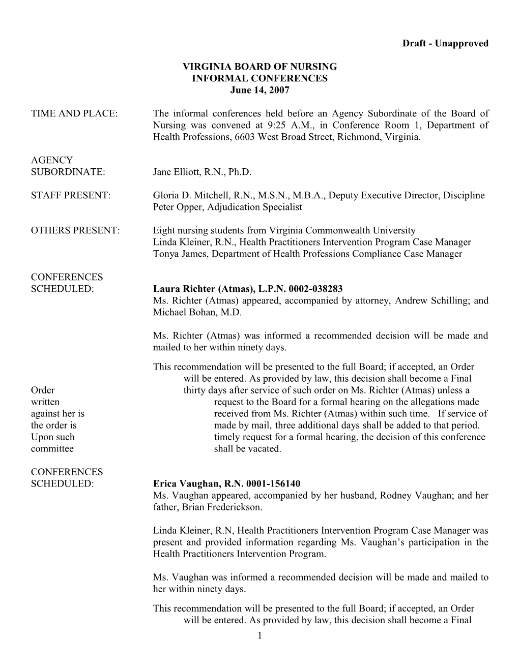 Nursing-Draft Minutes for IFC Held June 14, 2007