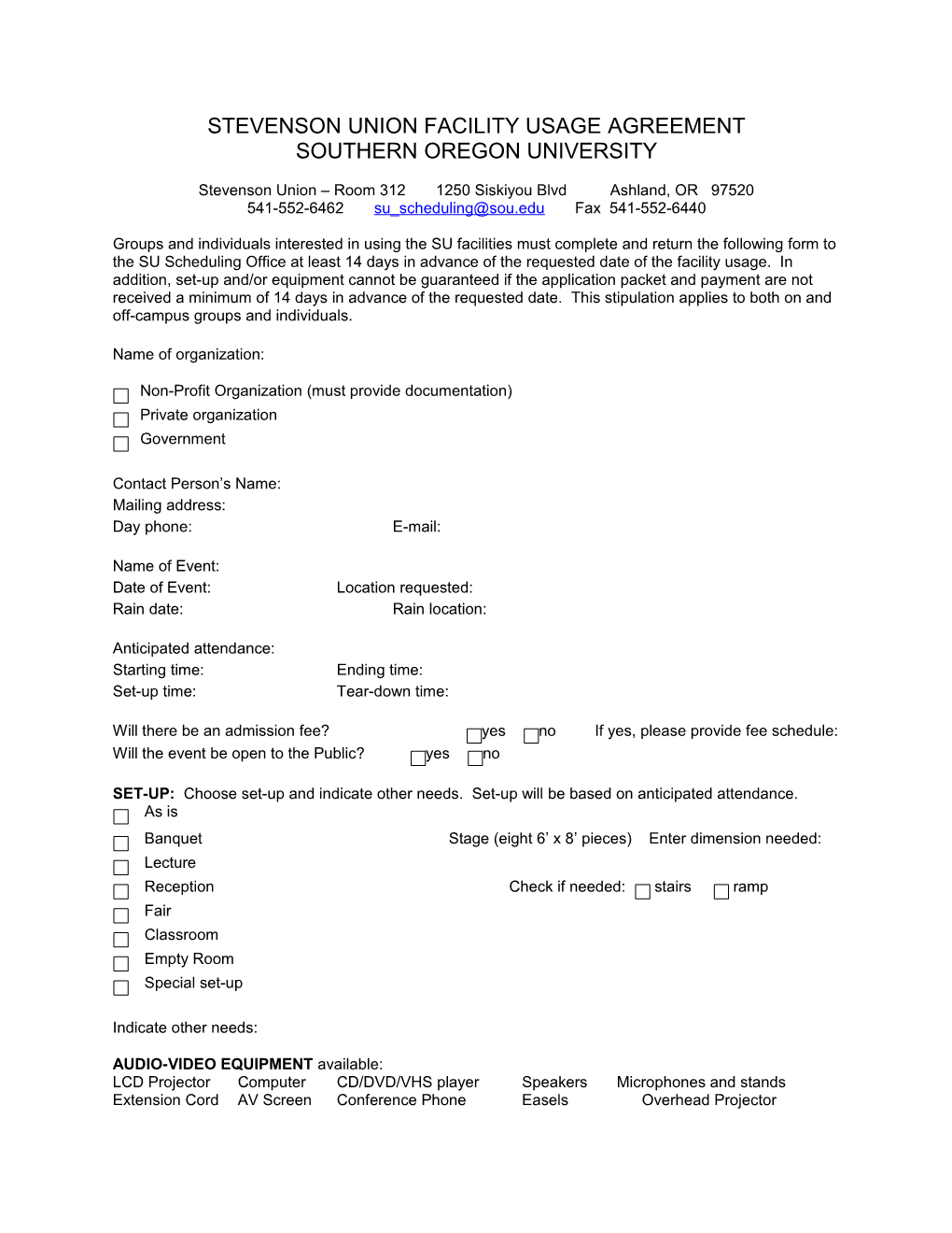 Stevenson Union Facility Usage Agreement