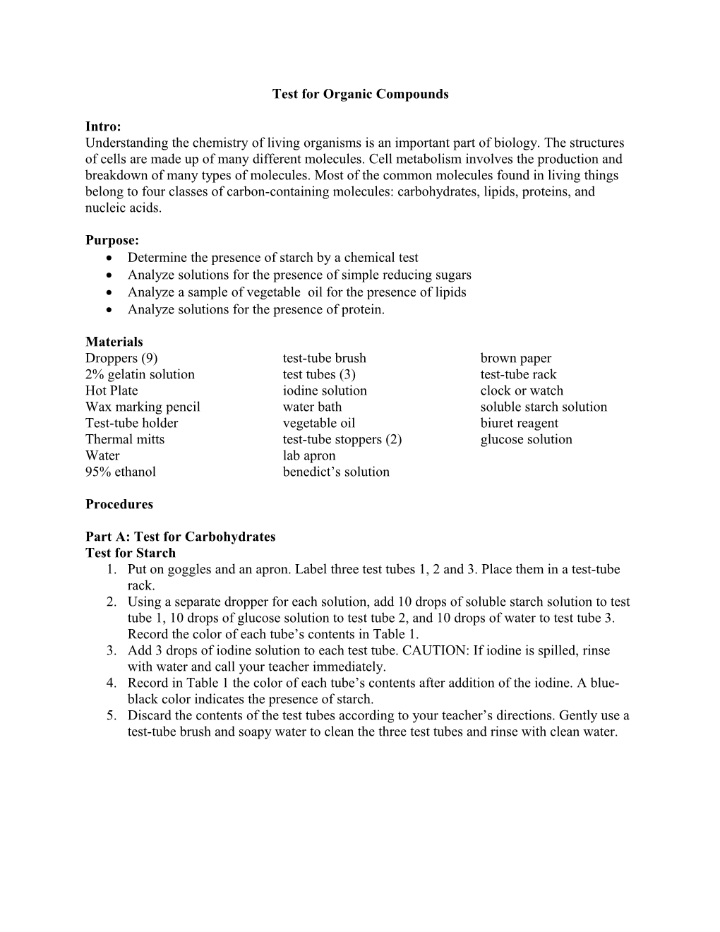 Test for Organic Compounds