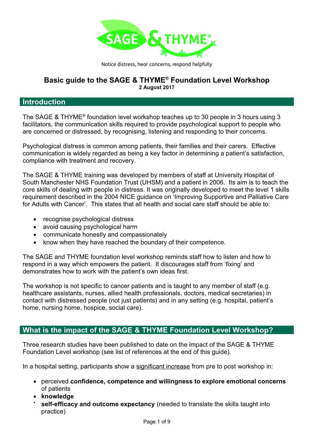 Basic Guide to the SAGE & THYME Foundation Levelworkshop