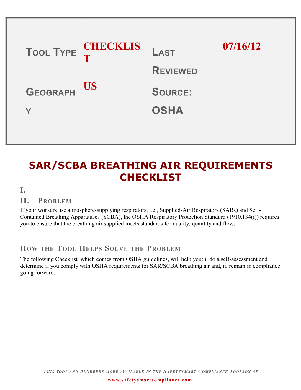 Sar/Scba Breathing Air Requirements Checklist