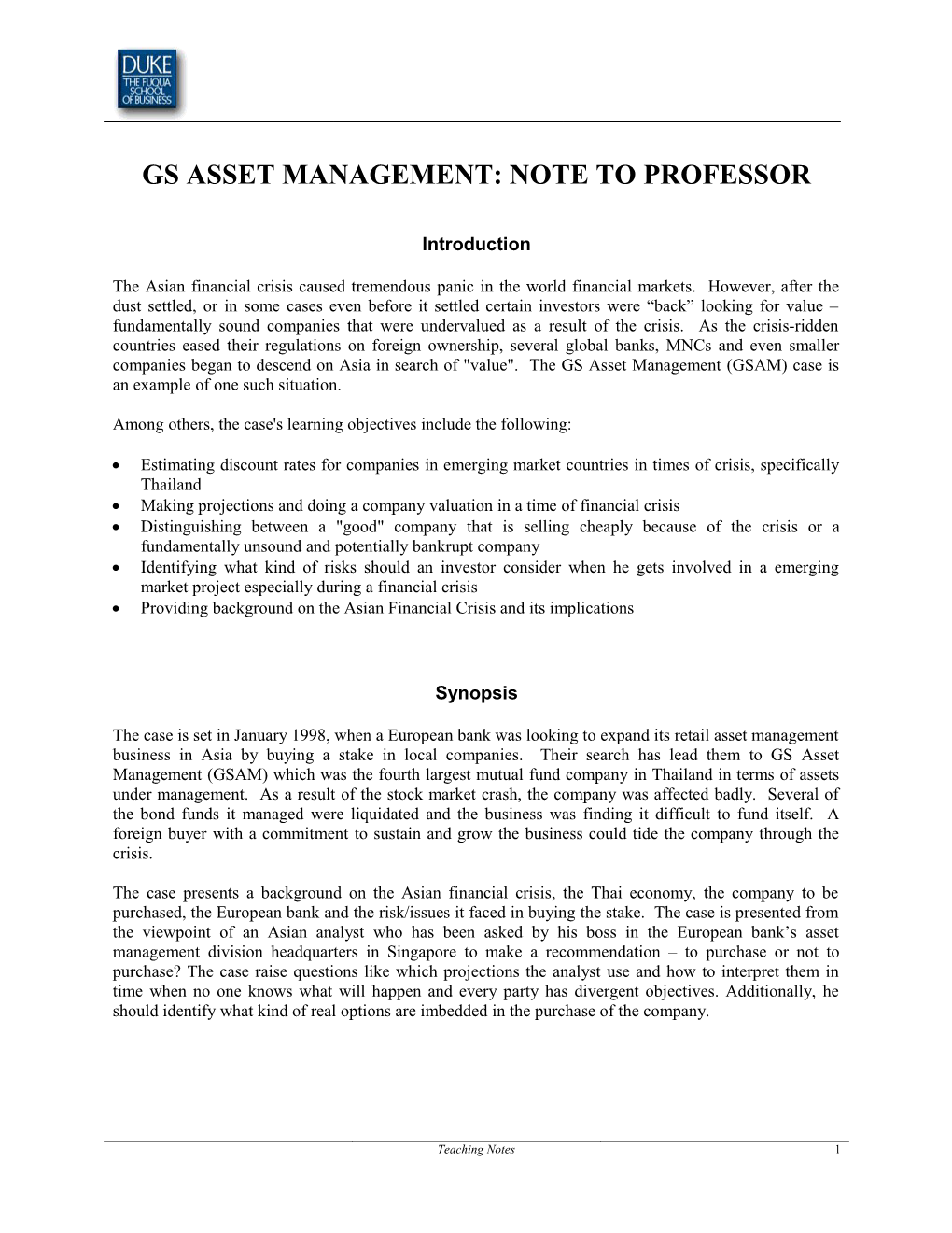 Gs Asset Management: Note to Professor