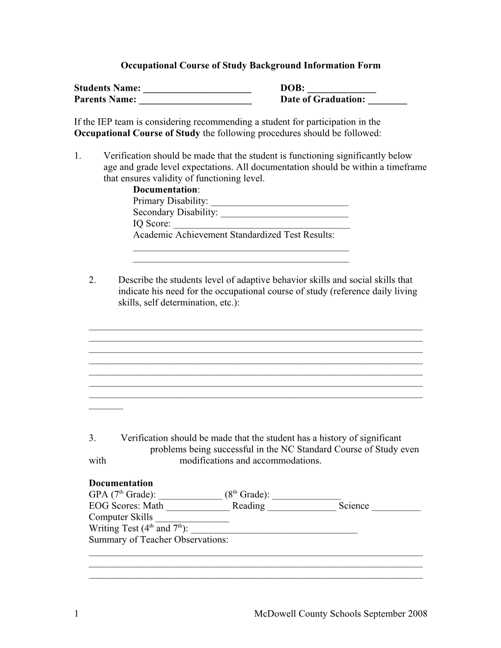 Occupational Course of Study Recommendation Form