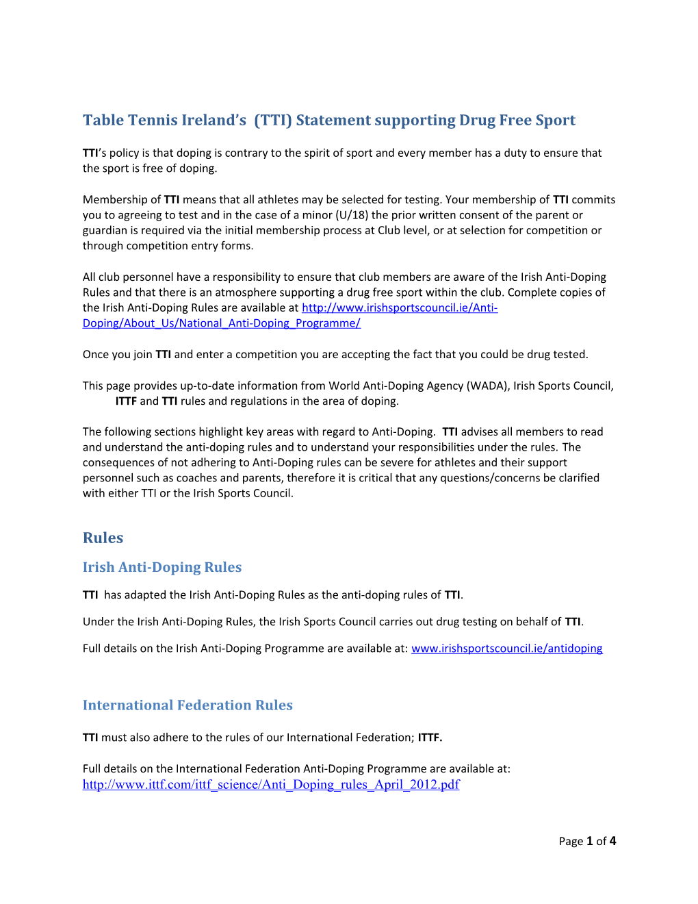 Table Tennis Ireland S (TTI) Statement Supporting Drug Free Sport