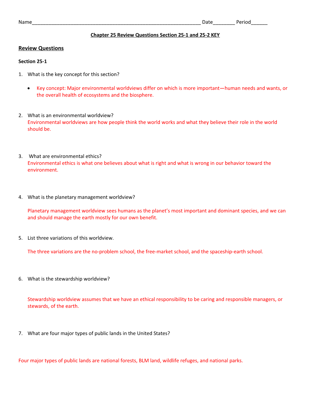 Chapter 25 Review Questions Section 25-1 and 25-2 KEY