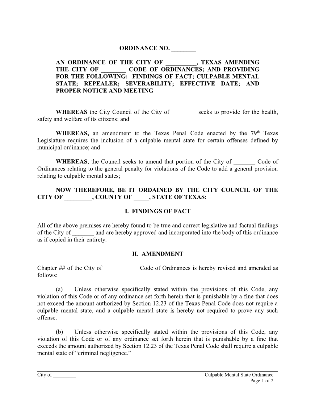 An Ordinance of the CITY of ______, TEXAS Amending the CITY of ______CODE of ORDINANCES;