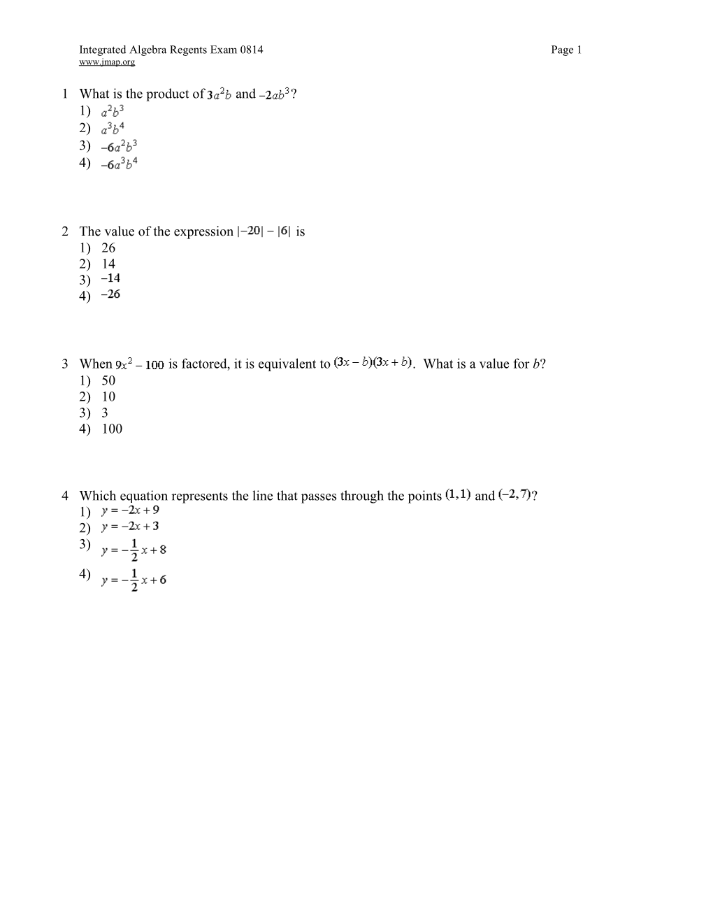 Integrated Algebra Regents Exam 0814Page 1