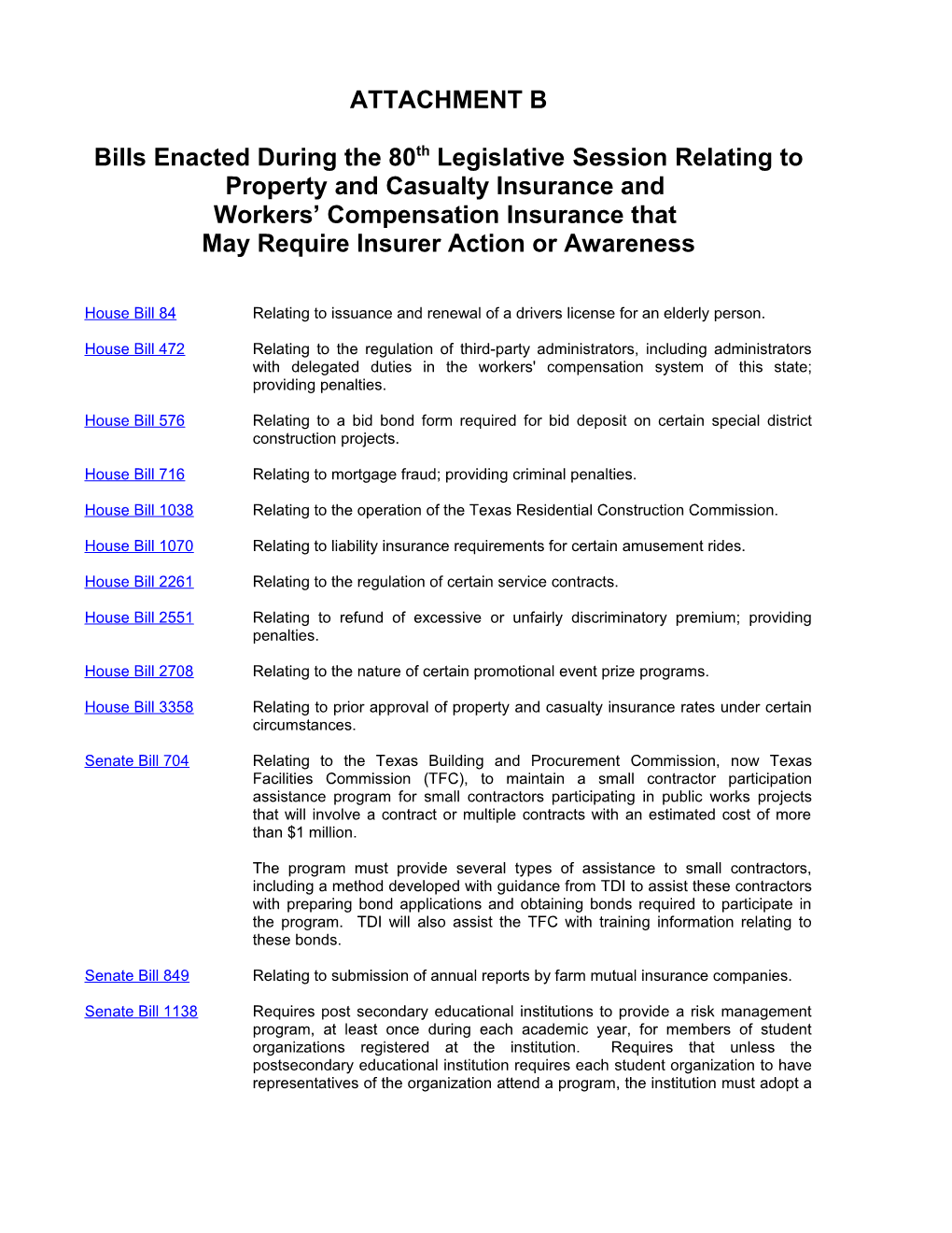 Bills Enacted During the 80Thlegislative Sessionrelating Toproperty and Casualty Insurance And