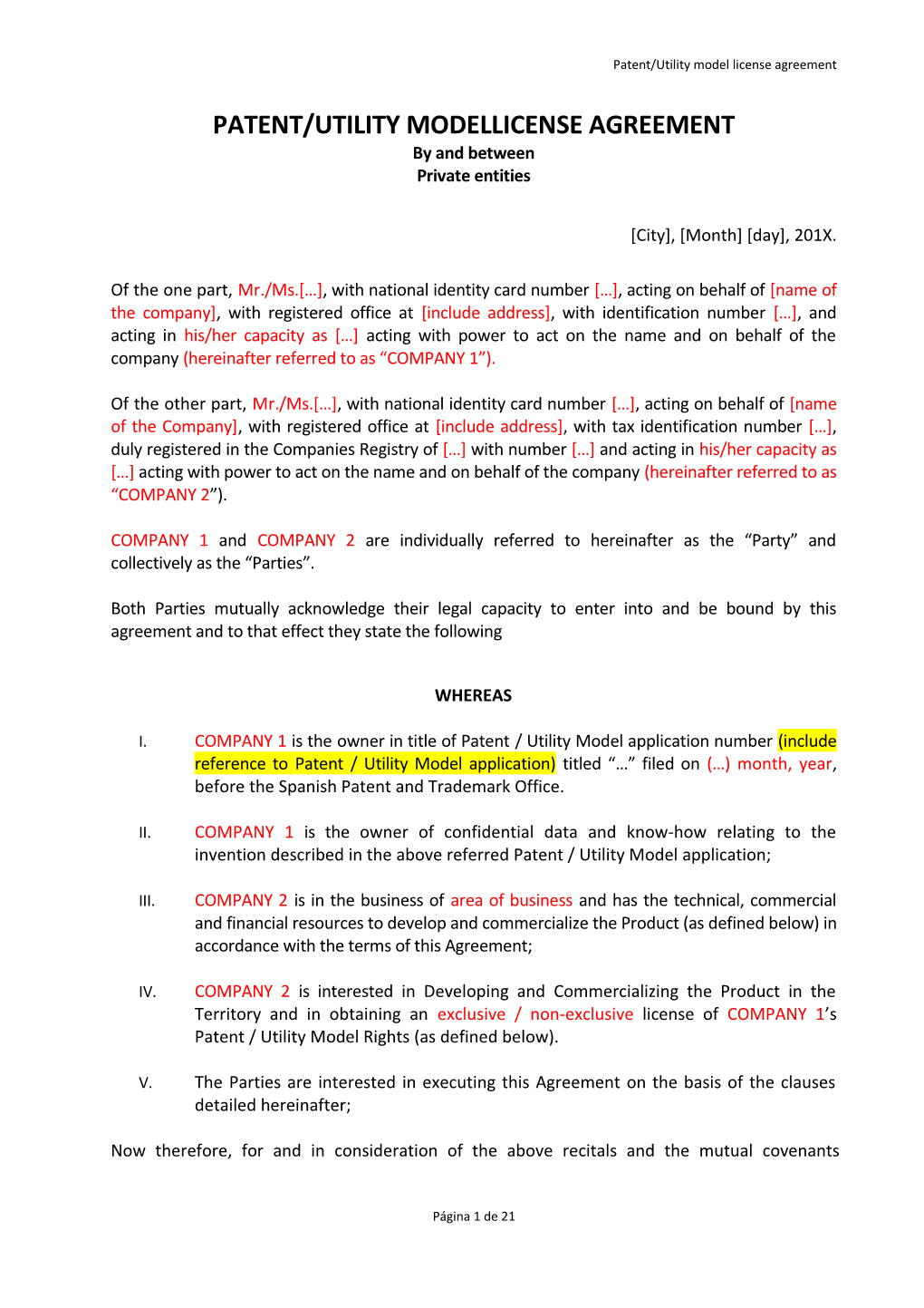 Patent/Utility Modellicense Agreement