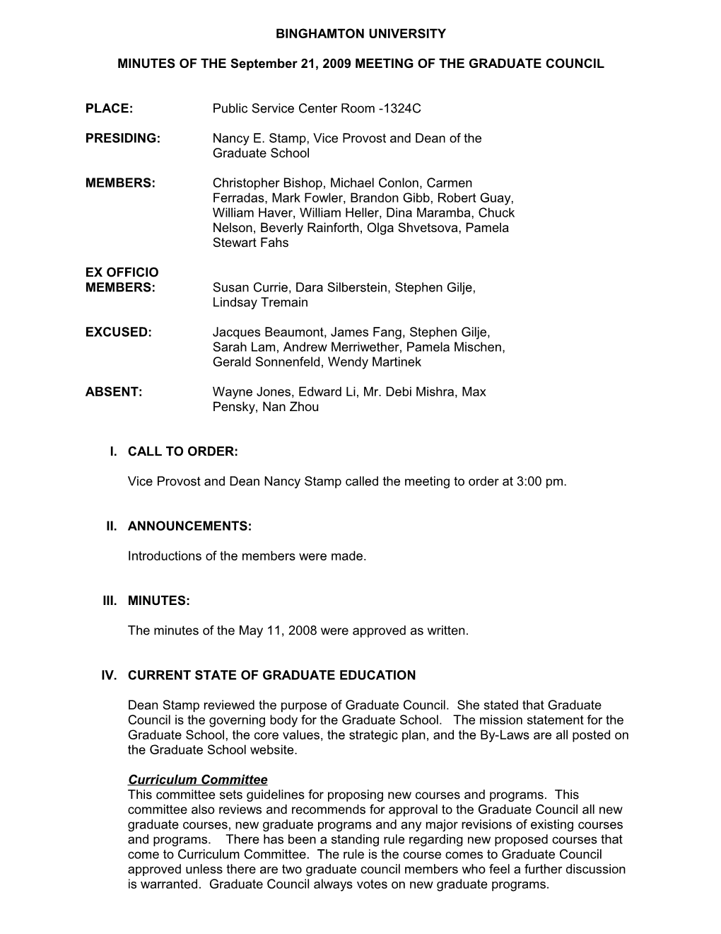 MINUTES of the September 21, 2009MEETING of the GRADUATE COUNCIL