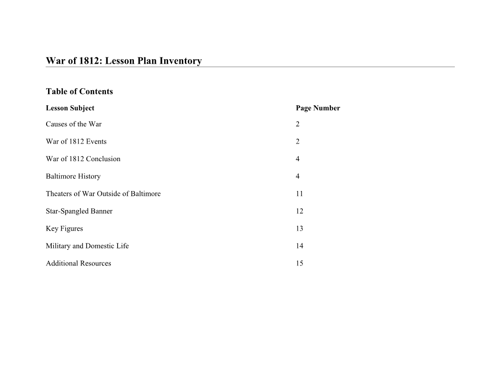 War of 1812: Lesson Plan Inventory