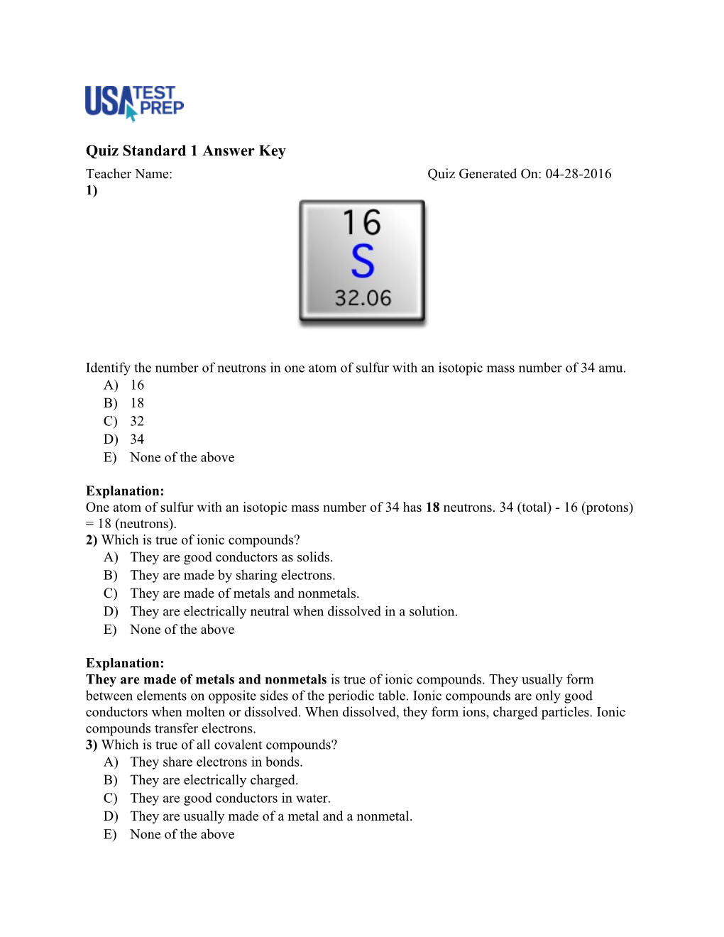 Quiz Standard 1 Answer Key