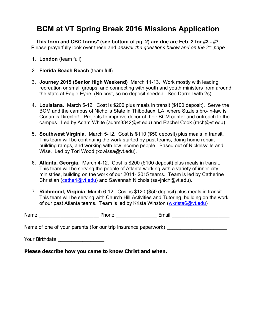 Spring Break Mission Trips Application