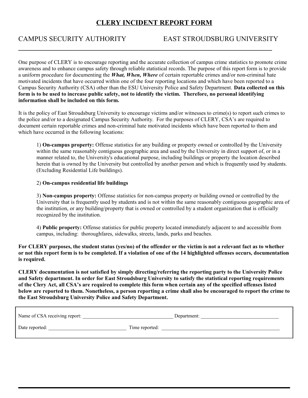 Clery Incident Report Form