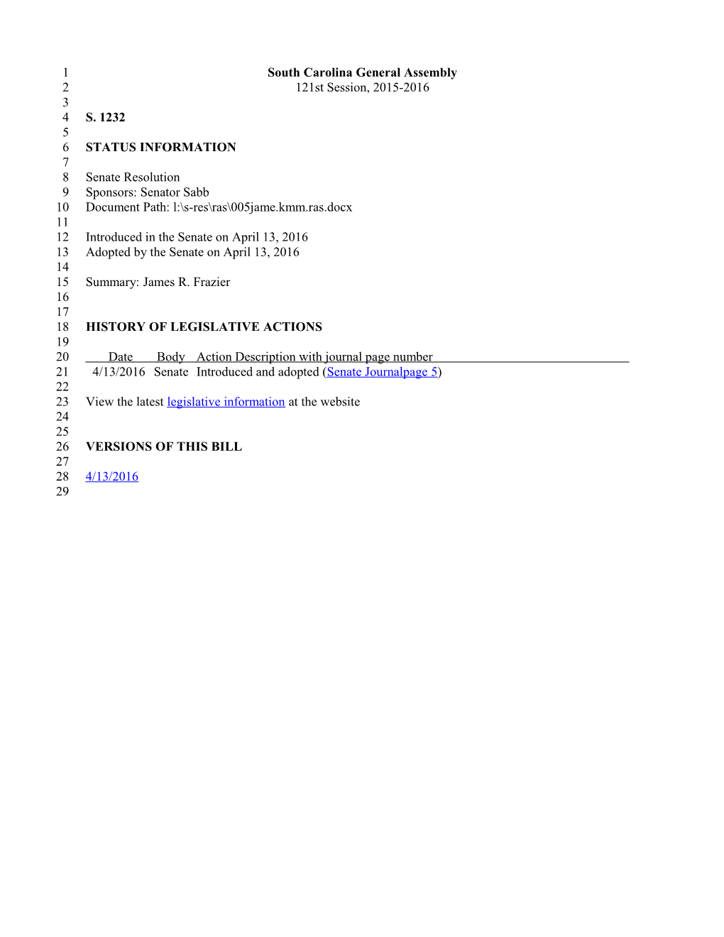 2015-2016 Bill 1232: James R. Frazier - South Carolina Legislature Online