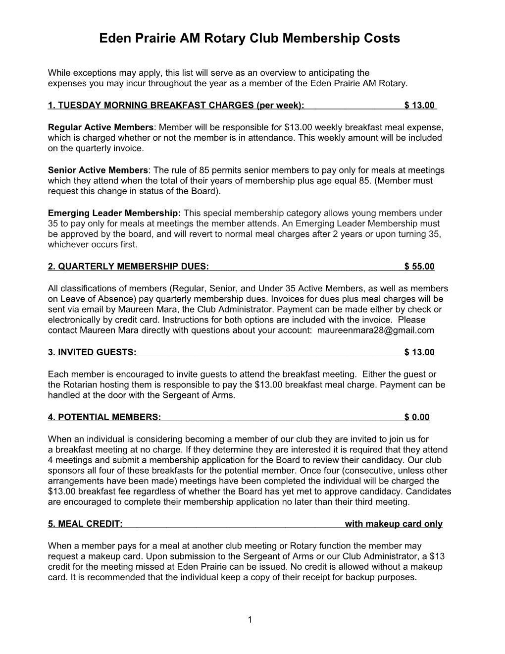 Eden Prairie Estimated Membership Costs