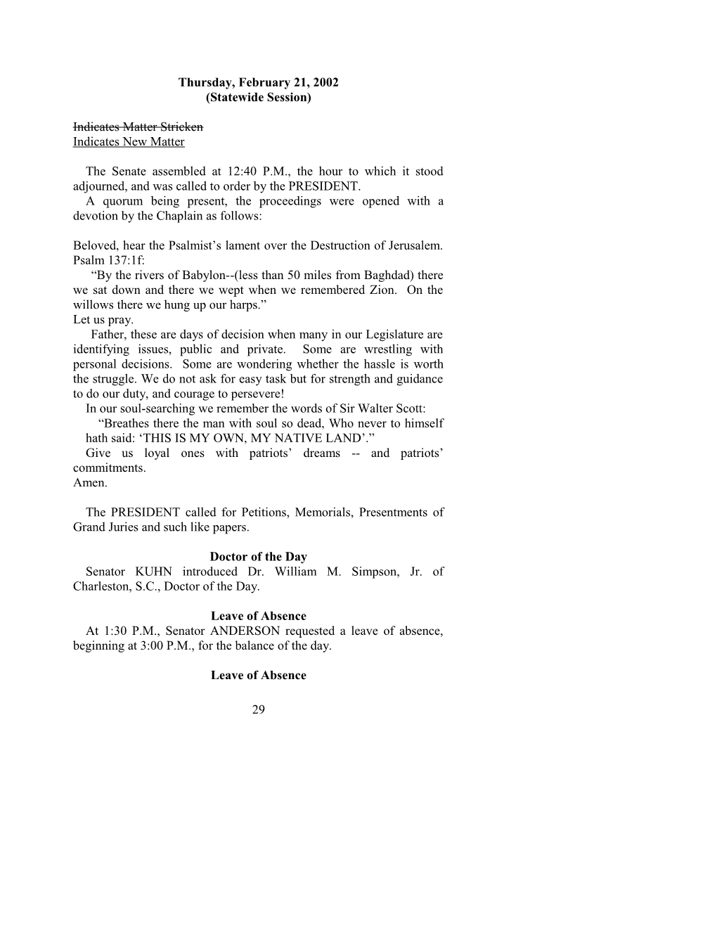 Senate Journal for Feb. 21, 2002 - South Carolina Legislature Online