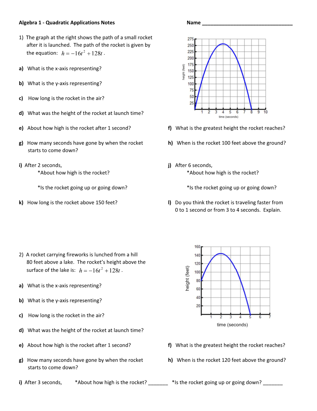 Algebra 1 - Quadratic Applications Notesname ______