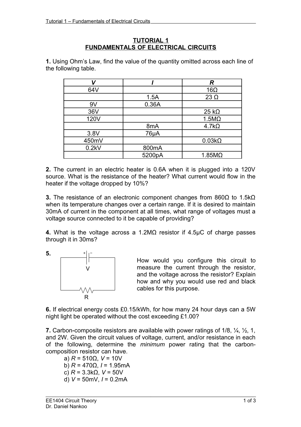 Tutorial 1 Fundamentals of Electrical Circuits
