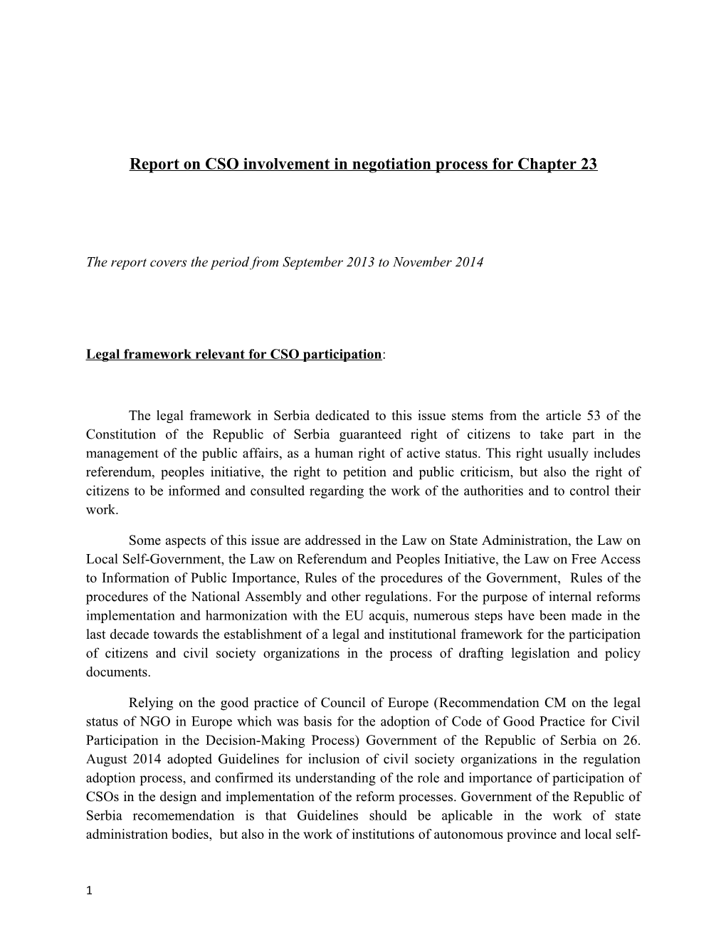 Report on CSO Involvement in Negotiation Process for Chapter 23