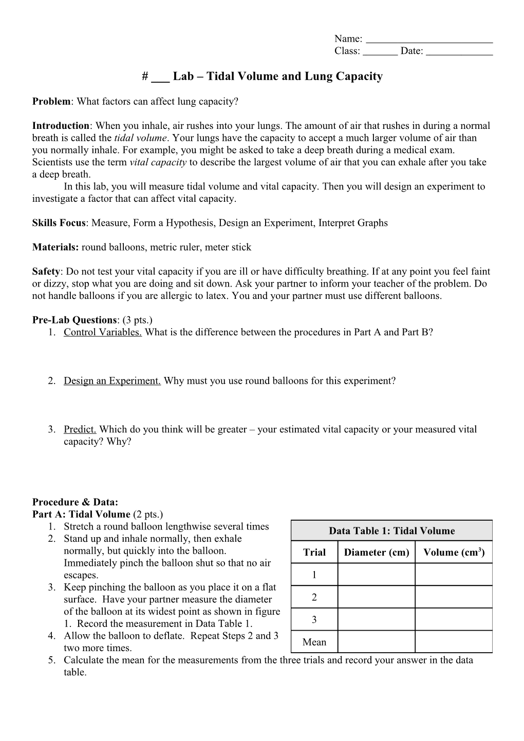 ___ Lab Tidal Volume and Lung Capacity